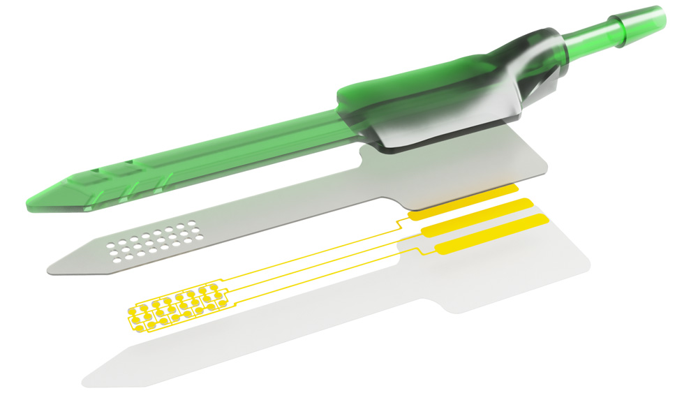 3 pieces of a rod-like ultrasound device, with a circuit inside